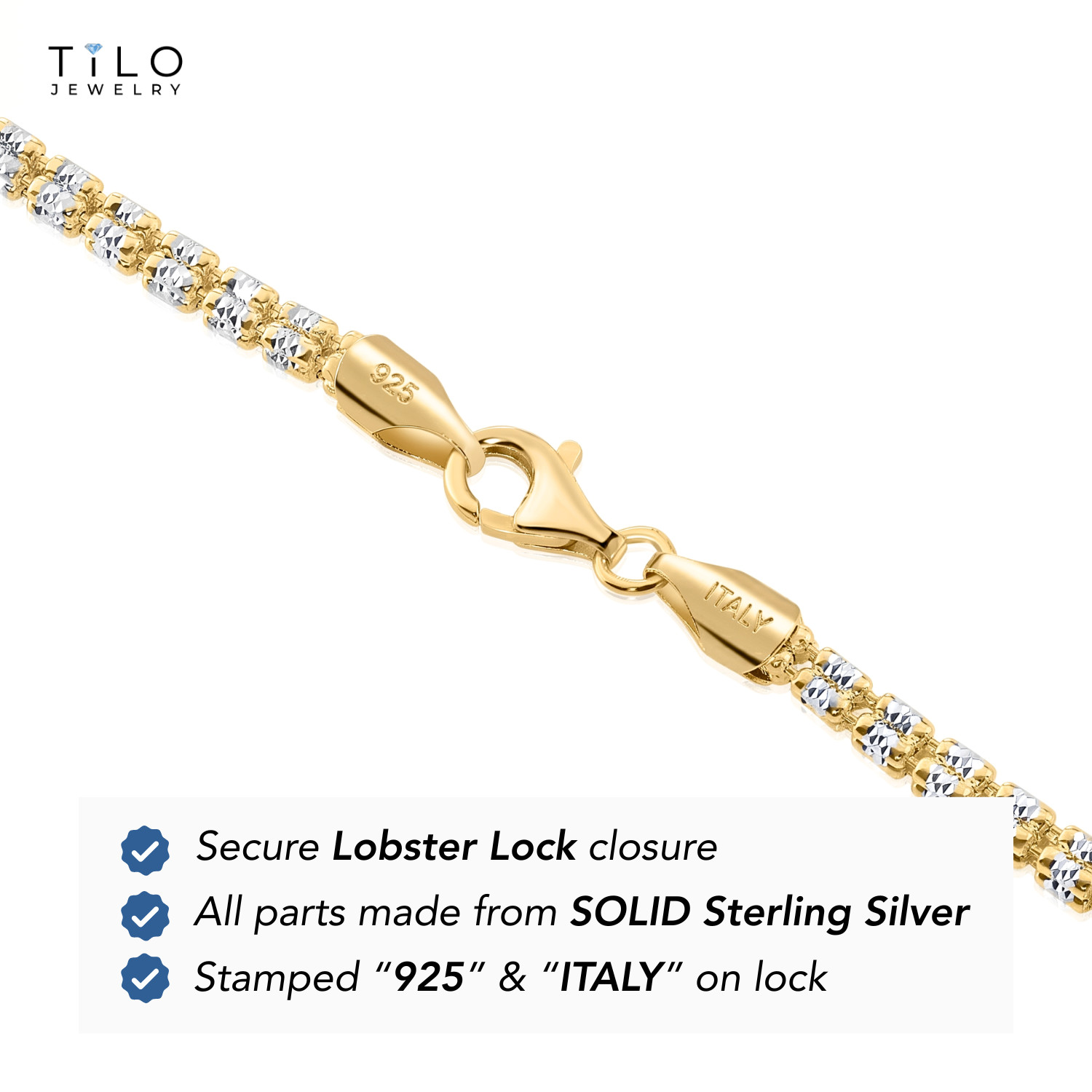 Two-Tone Gold 3mm 4mm Diamond-Cut Ice Chain Necklace 16″-24″ 925 Sterling Silver