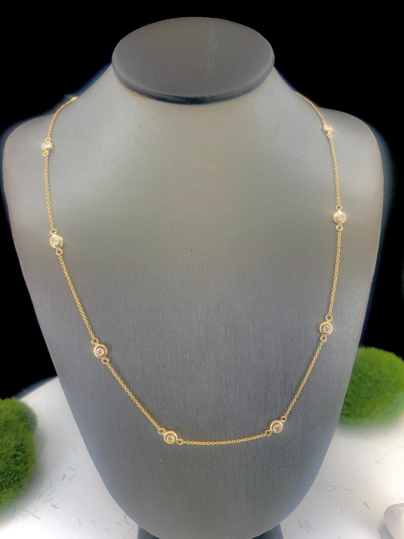 Best Seller ! Station Necklace Round Cut Natural Diamond 14k Solid Yellow Gold