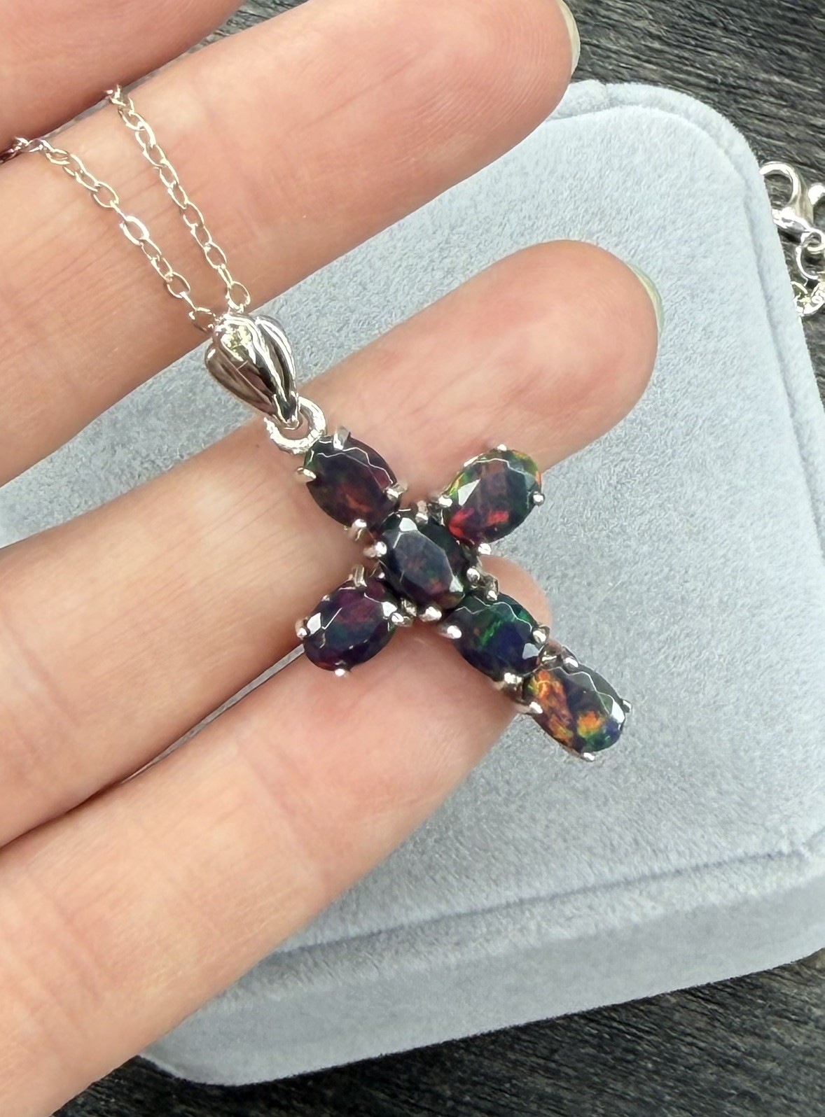 Stunning Natural Rainbow Black Opal Cross 3CT Pendant Necklace 925 Sterling