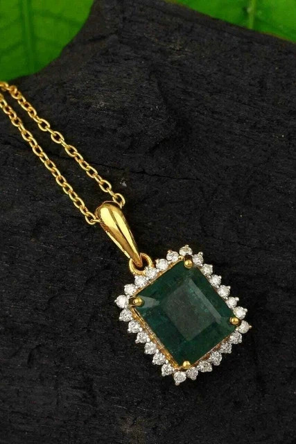 18″ Natural Emerald & Diamond Emerald Cut Pendant 14k Yellow Gold For Wedding
