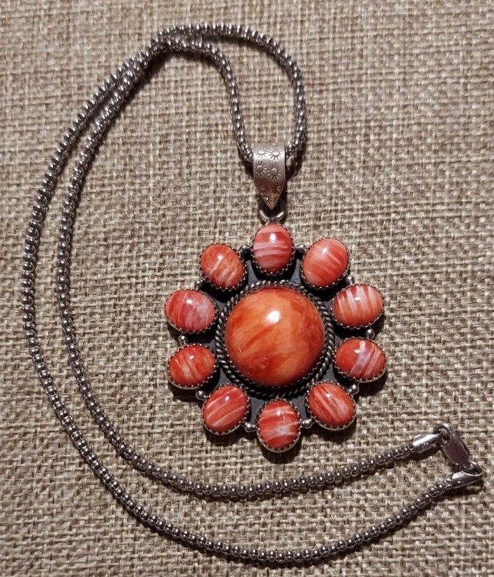 New HUGE Sterling Silver Natural Orange Spiny Cluster Pendant with Chain