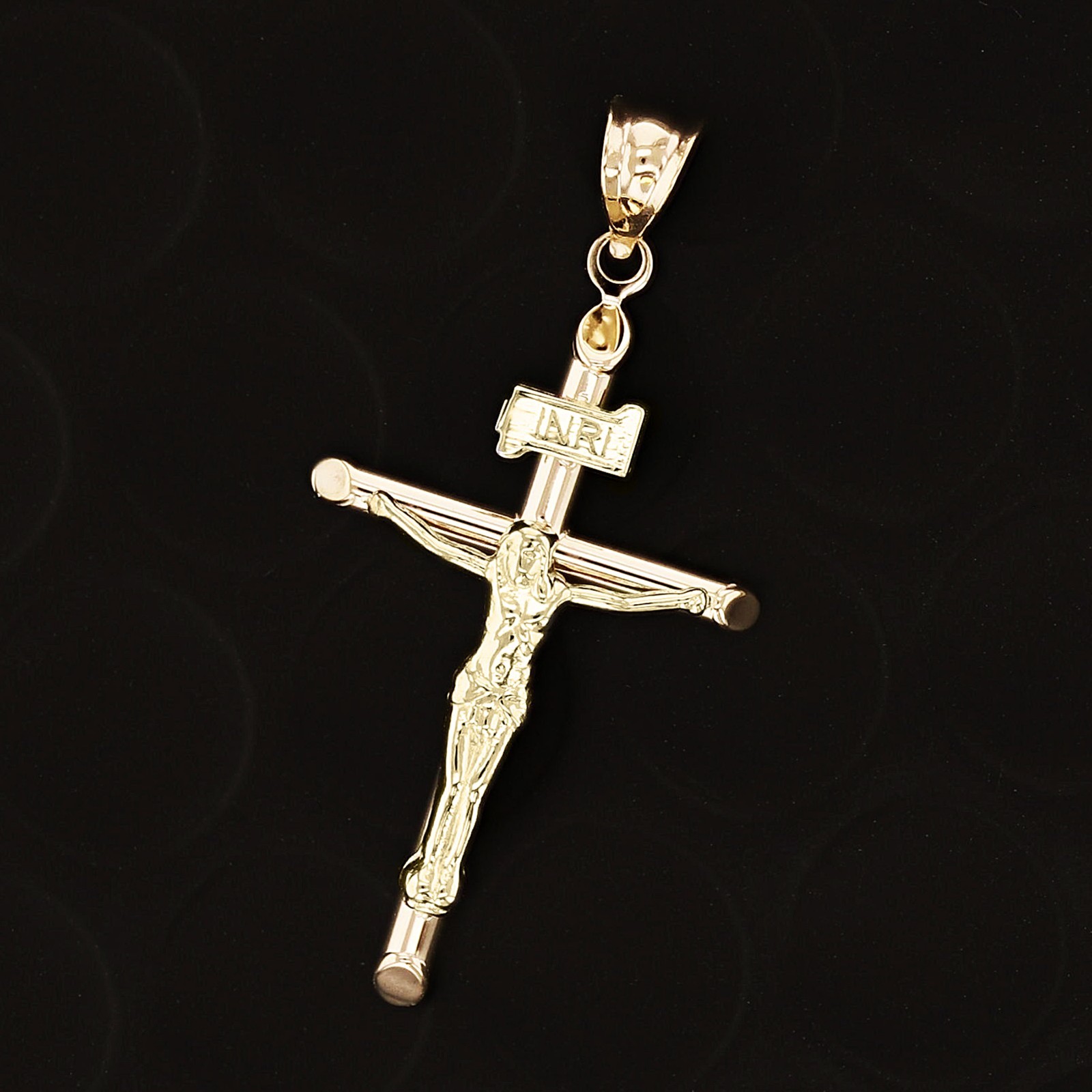Italian 14k Yellow Gold Hollow INRI Crucifix Cross Charm Pendant 1.4″ 1 grams