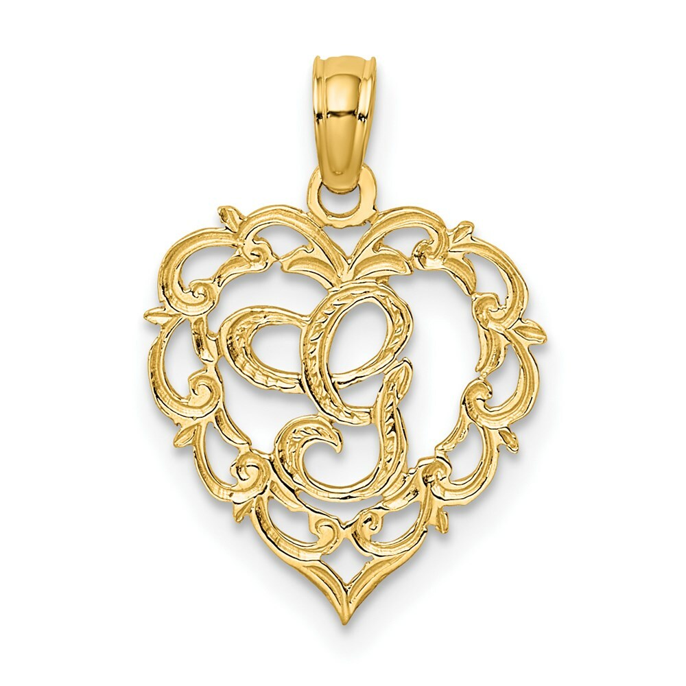 14K Yellow Gold G Script Initial In Heart Pendant