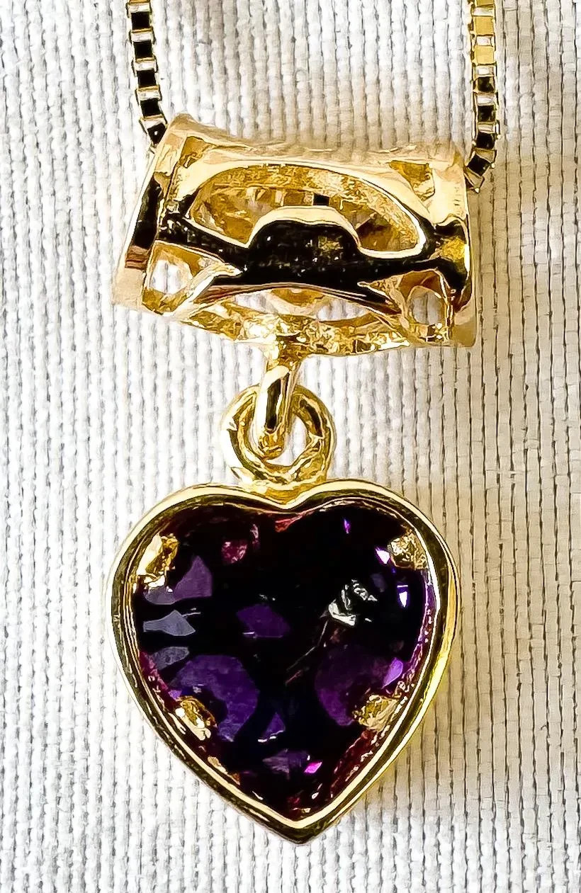 14K Yellow Gold Aurafin Italy Amethyst Heart Pendant 18″ Box Chain Necklace