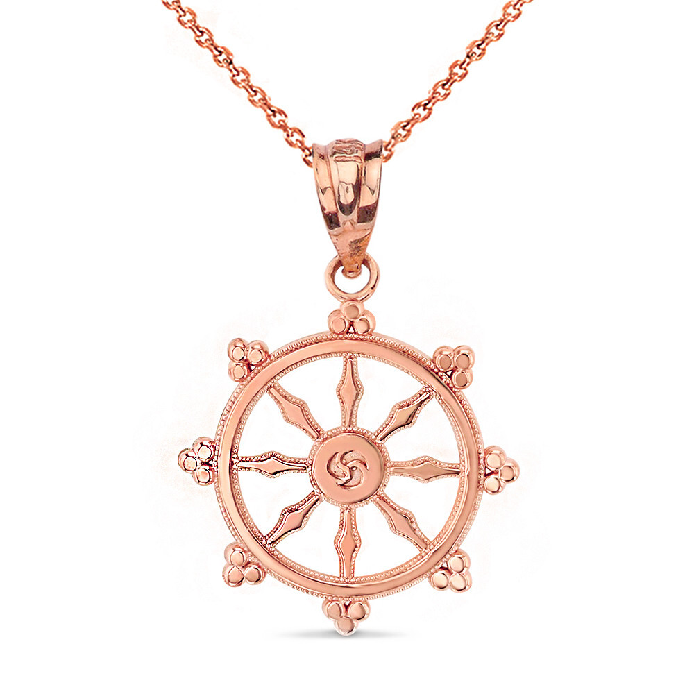 Gold Buddhism Dharmachakra Dharma Wheel Pendant Necklace (Yellow/Rose/White)