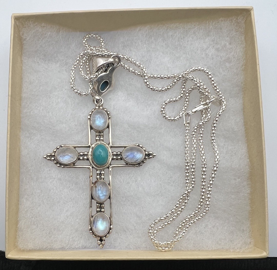 Signed Nicky Butler .925 Sterling Silver Cross Pendant Necklace Gem & Moonstones