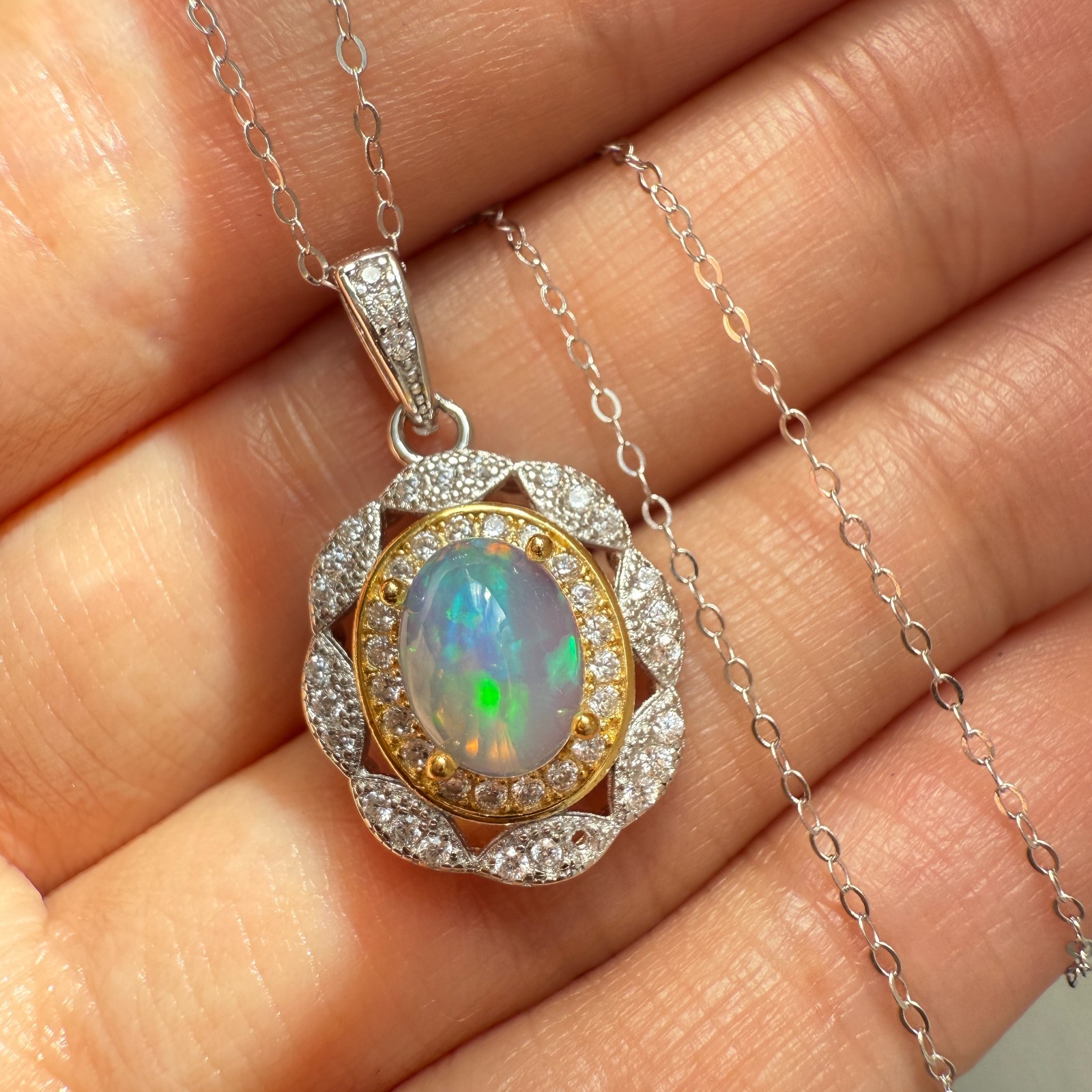 925 Sterling Silver Necklace 8x6mm Natural Opal Handmade Flower Birthstone