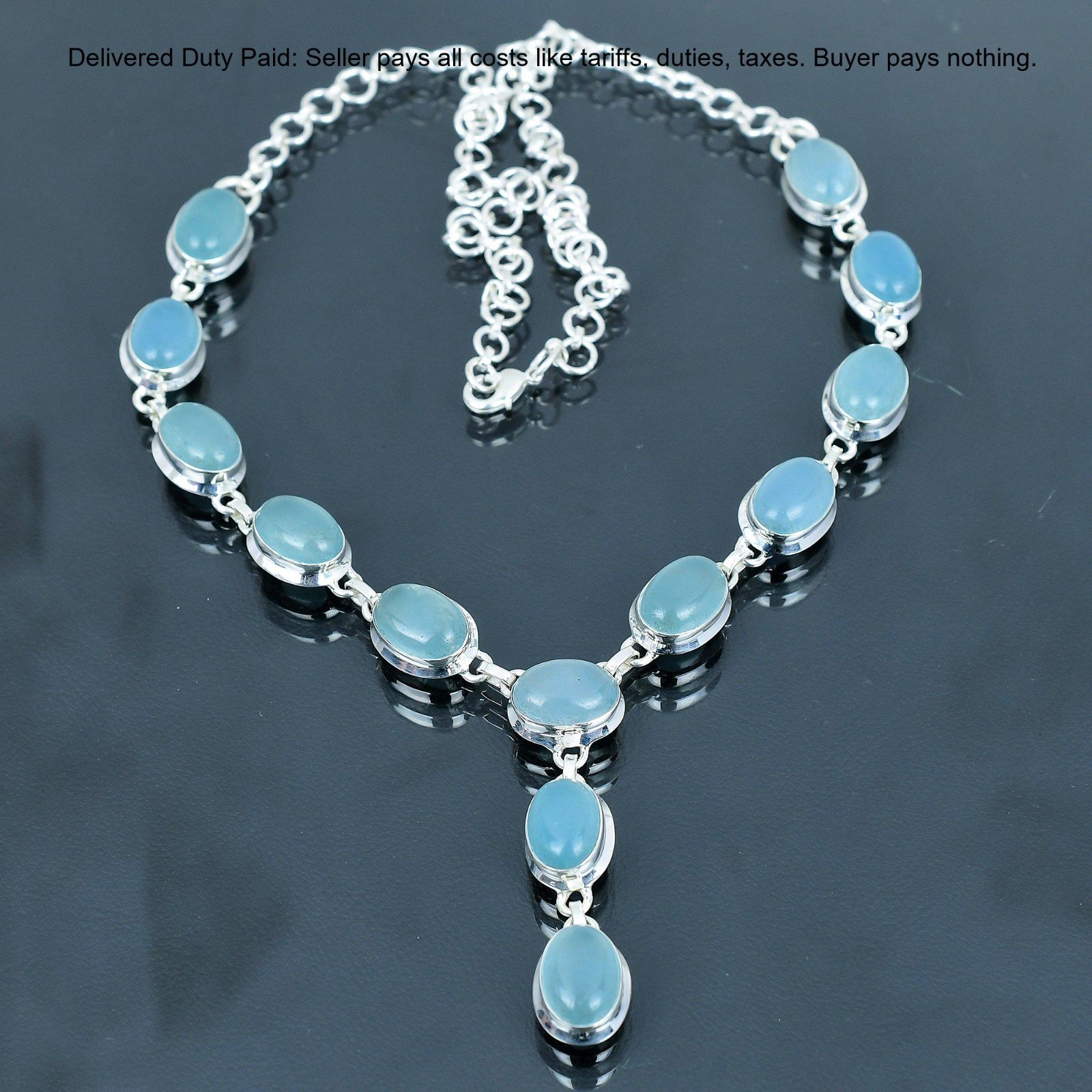 Valentines Deal Sterling Silver Oval Aquamarine Gemstone Chain Necklace Jewelry