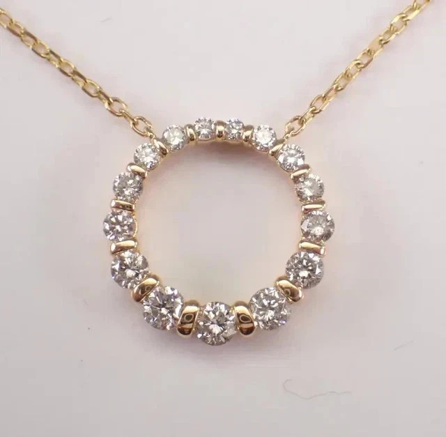 1Ct Round Cut Real Moissanite Circle With Chain Pendant 14K Yellow Gold Plated