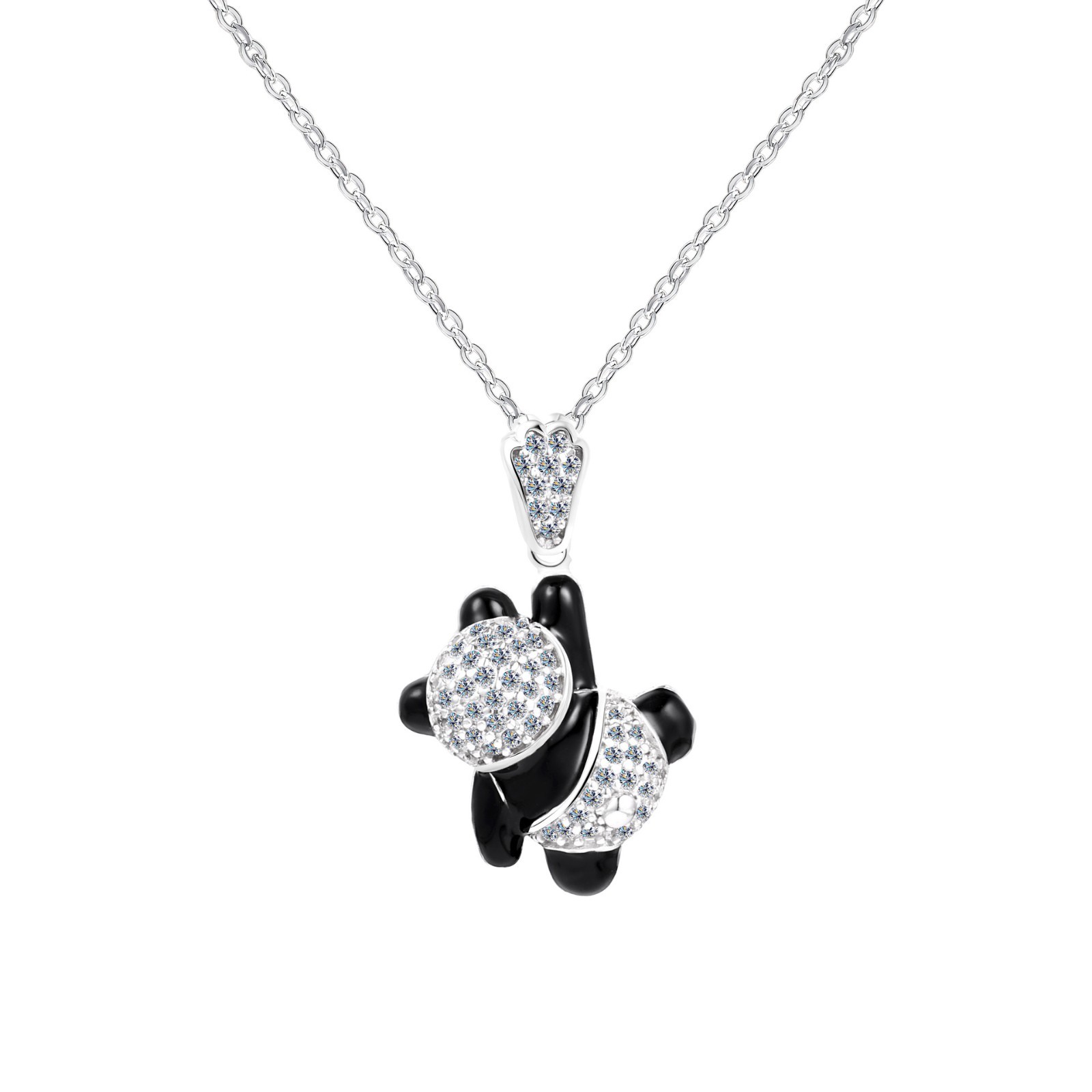 BlackBearPendantNecklace Full CZ SparklingUnique Dainty Korean Style S925 Silver