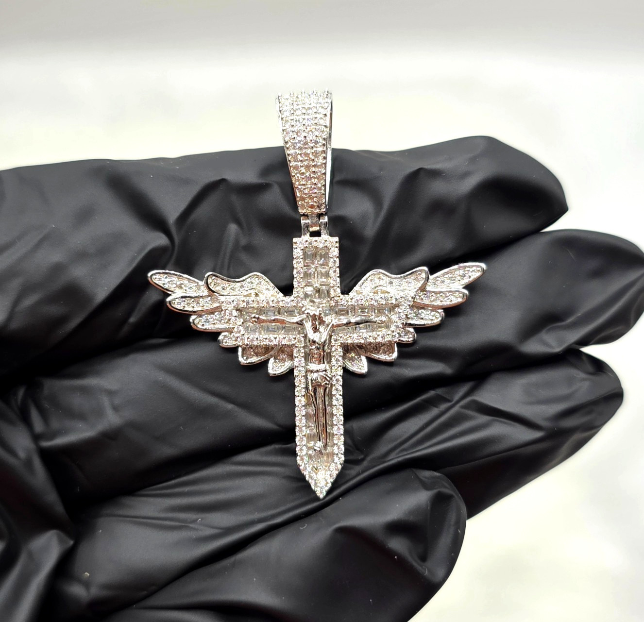 Moissanite Jesus Crucifix Cross Angel Wings Pendant 925 Sterling Silver Lrg Bail