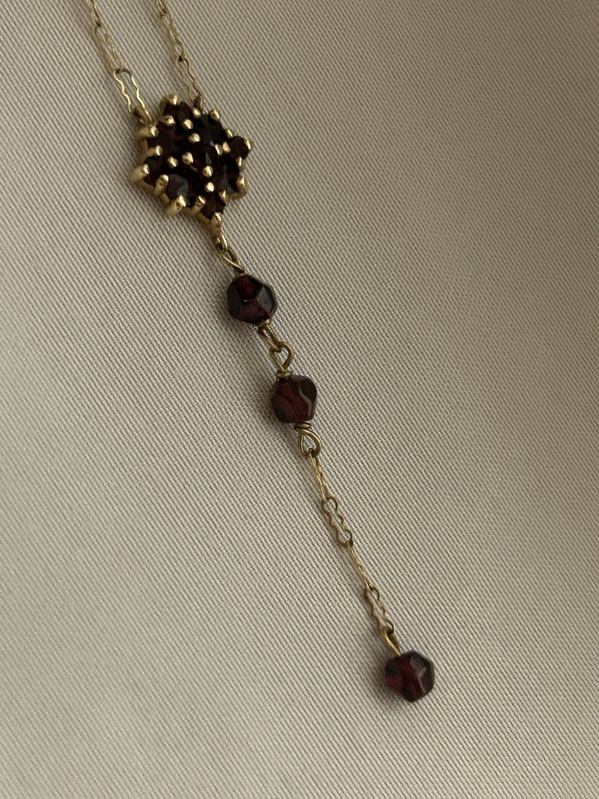 Vintage 10K, Gold Bohemian Garnet Lavalier Y-Necklace Matching Cluster Charm