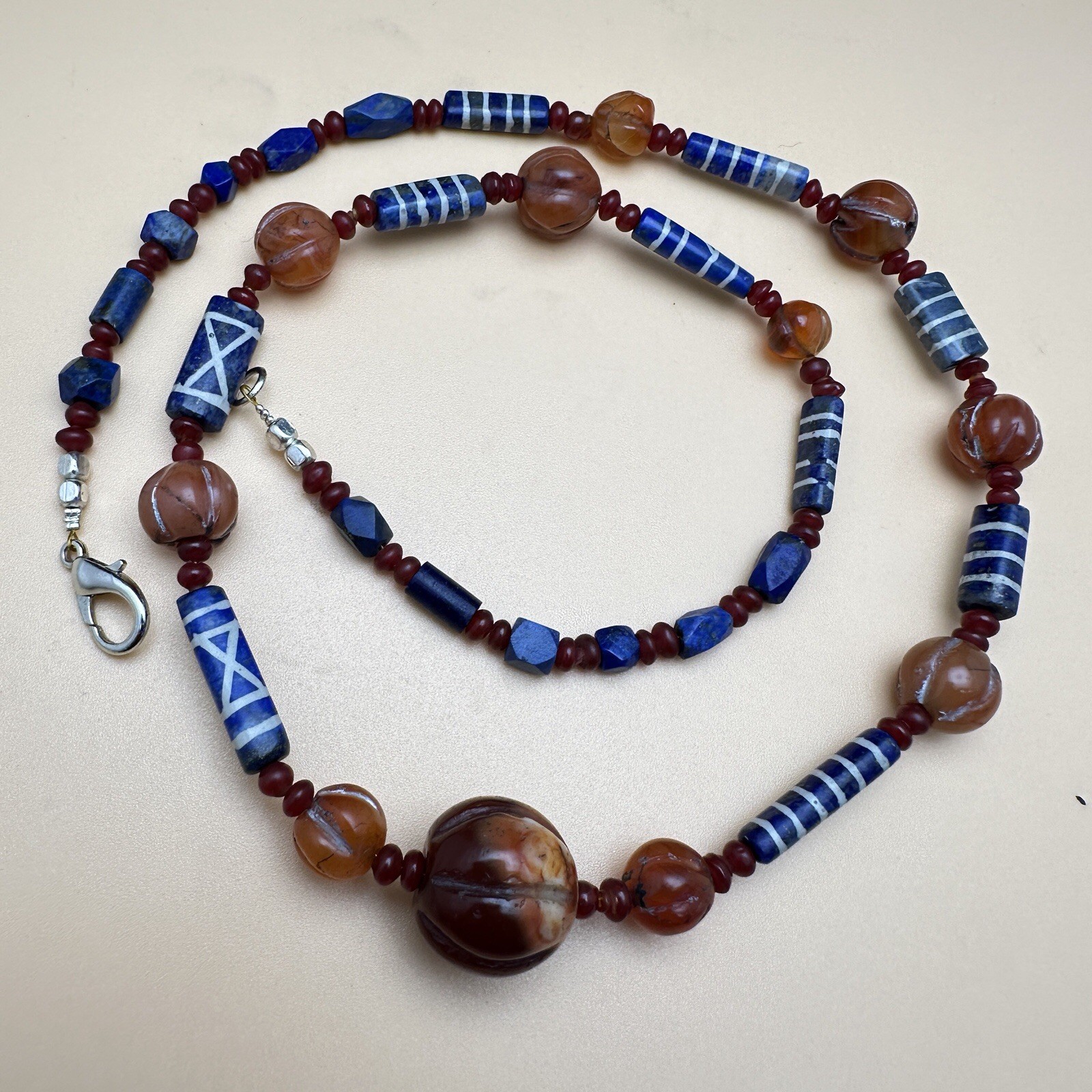 Genuine Antique Etched Lapis Carnelian Pyu Culture Beaded Beautiful Necklace