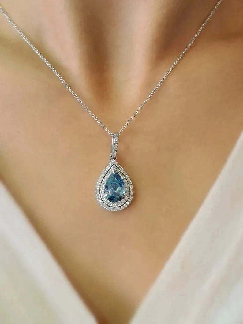 3Ct Pear Cut Lab Created Aquamarine Halo Pendant Necklace 14k White Gold Plated