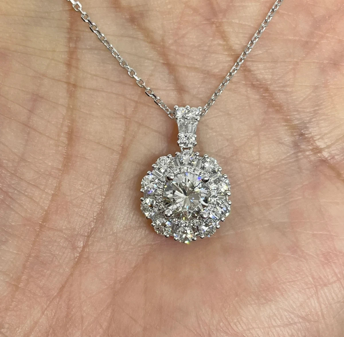3Ct Round Cut Lab Created Diamond Halo Necklace Pendant 14K White Gold Plated