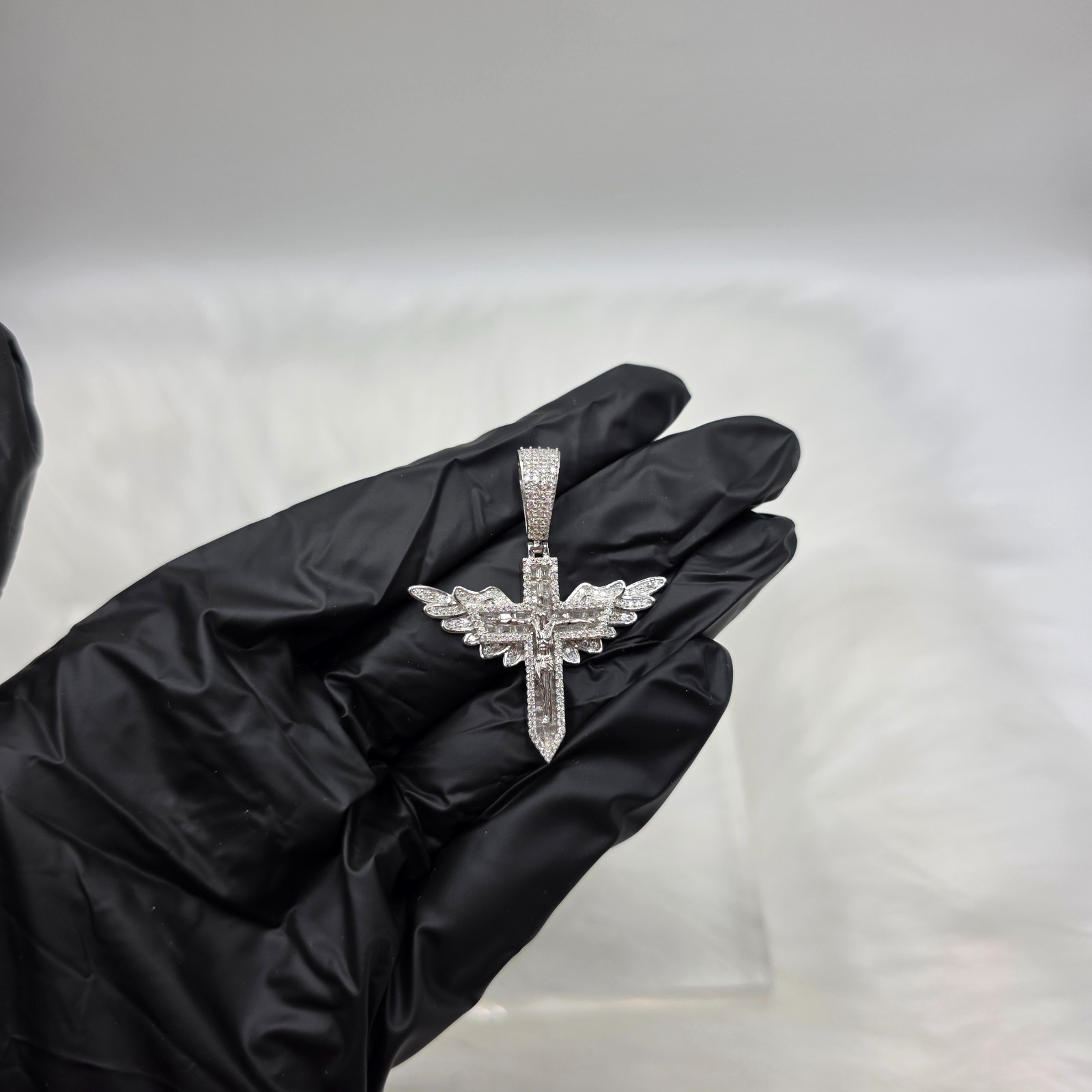 Moissanite Jesus Crucifix Cross Angel Wings Pendant 925 Sterling Silver Lrg Bail