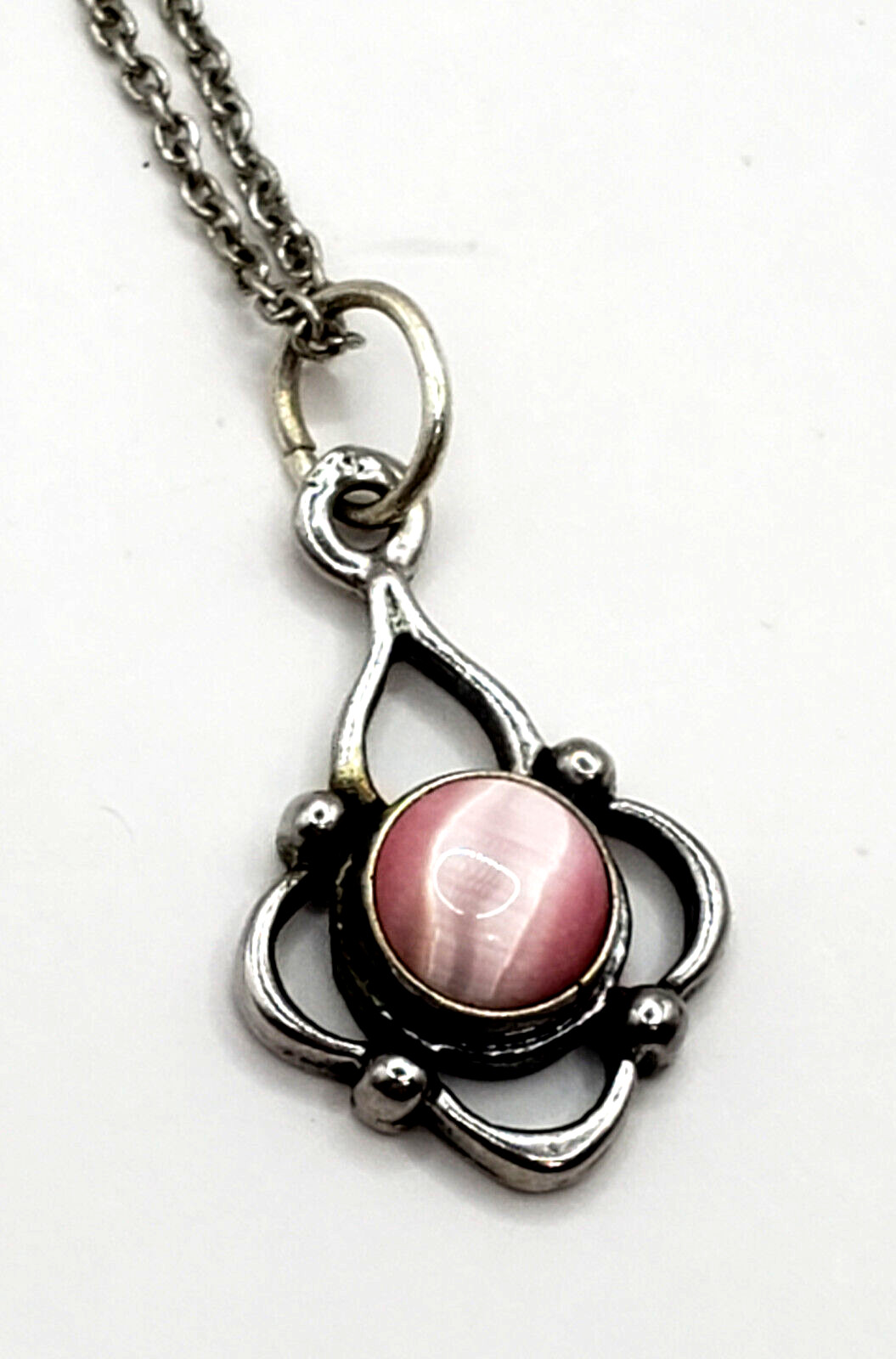 3 Pc Set Pink Cat Eye Necklace + Dangle + Stud Earrings Set 925 Sterling Silver