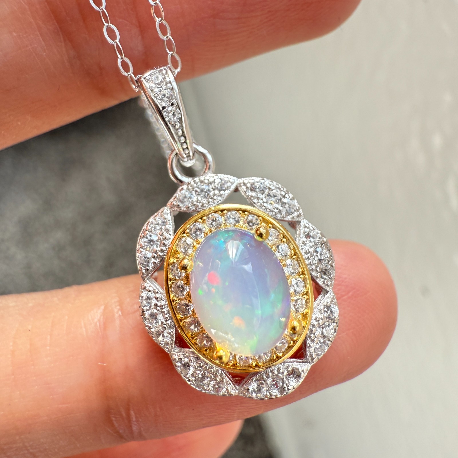 925 Sterling Silver Necklace 8x6mm Natural Opal Handmade Flower Birthstone