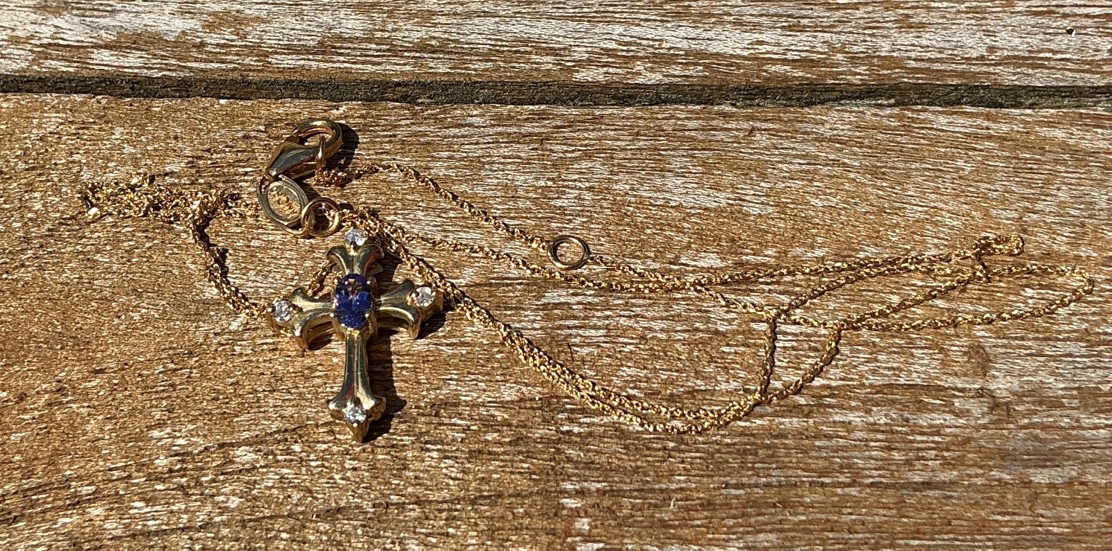 AMORO 14K Gold Cross Pendant & Chain 2.5g TW Diamond Sapphire? EXCELLENT