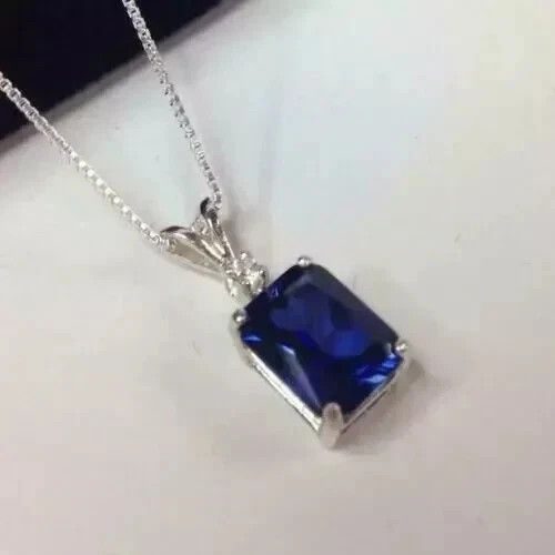 3Ct Emerald Cut Blue Lab Created Women’s Fancy Pendant 14k White Gold Plated