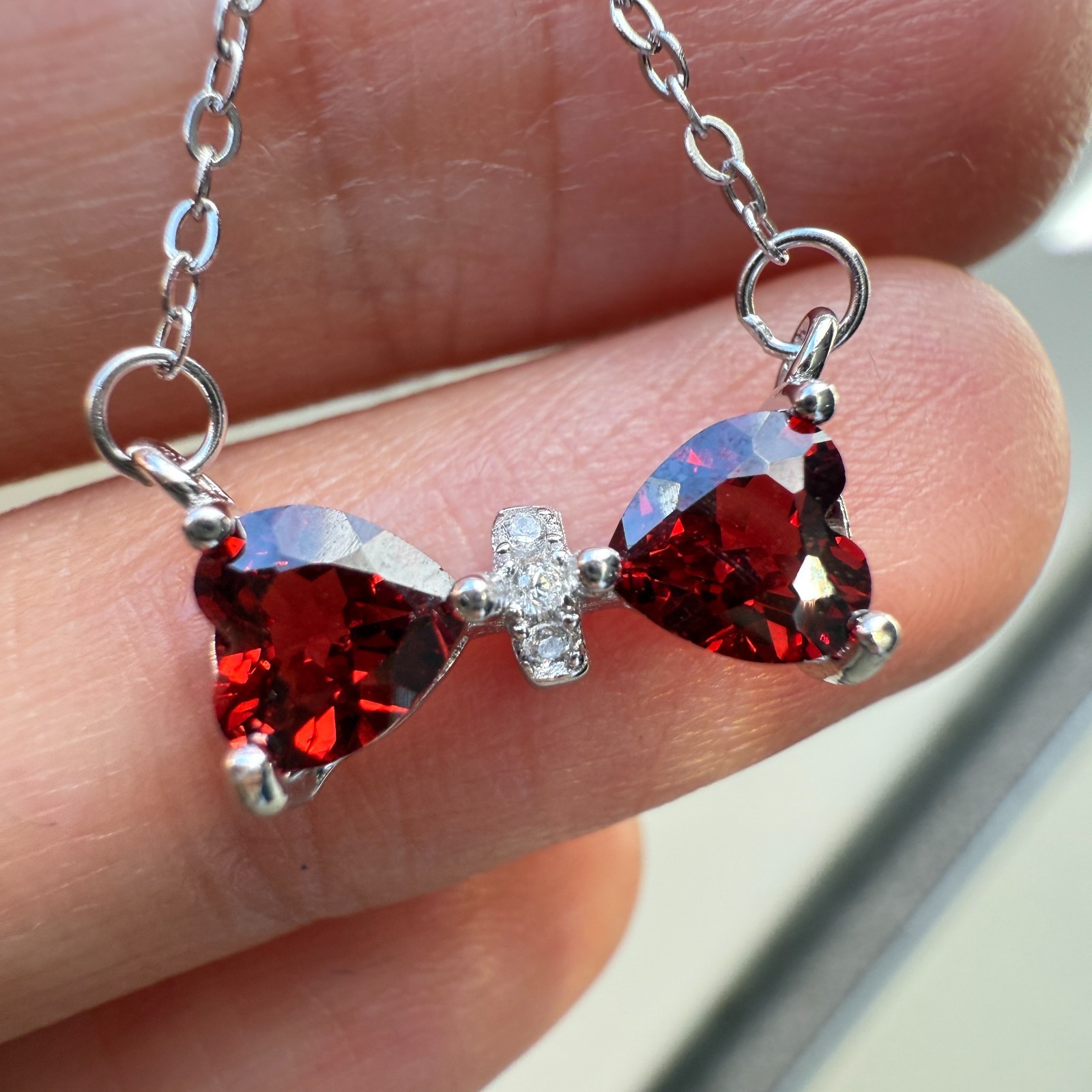 925 Sterling Silver Necklace 5mm Heart Natural Garnet Gemstone Zircon Chain Bow