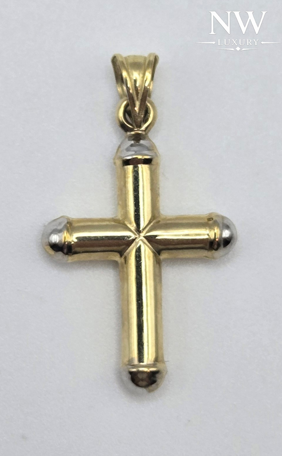 NEW Solid 10K Yellow Gold 1in Cross Pendant, White Gold 3.5mm Bail, ITALY