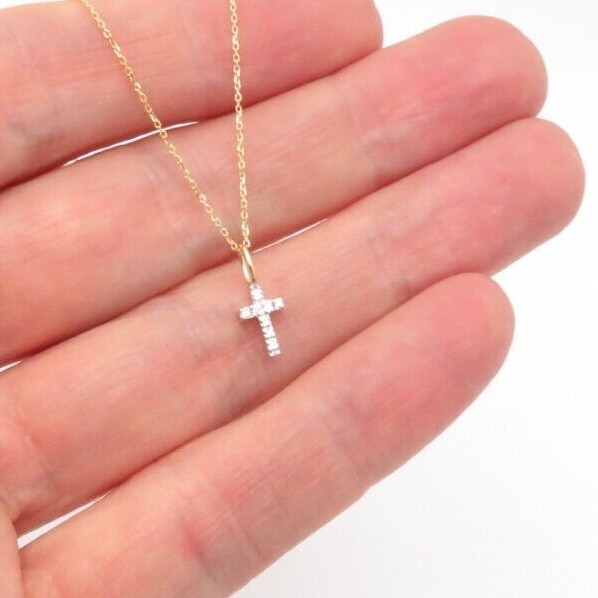 14K SOLID YELLOW GOLD TINY NATURAL DIAMOND CROSS DAINTY PENDANT NECKLACE MINI