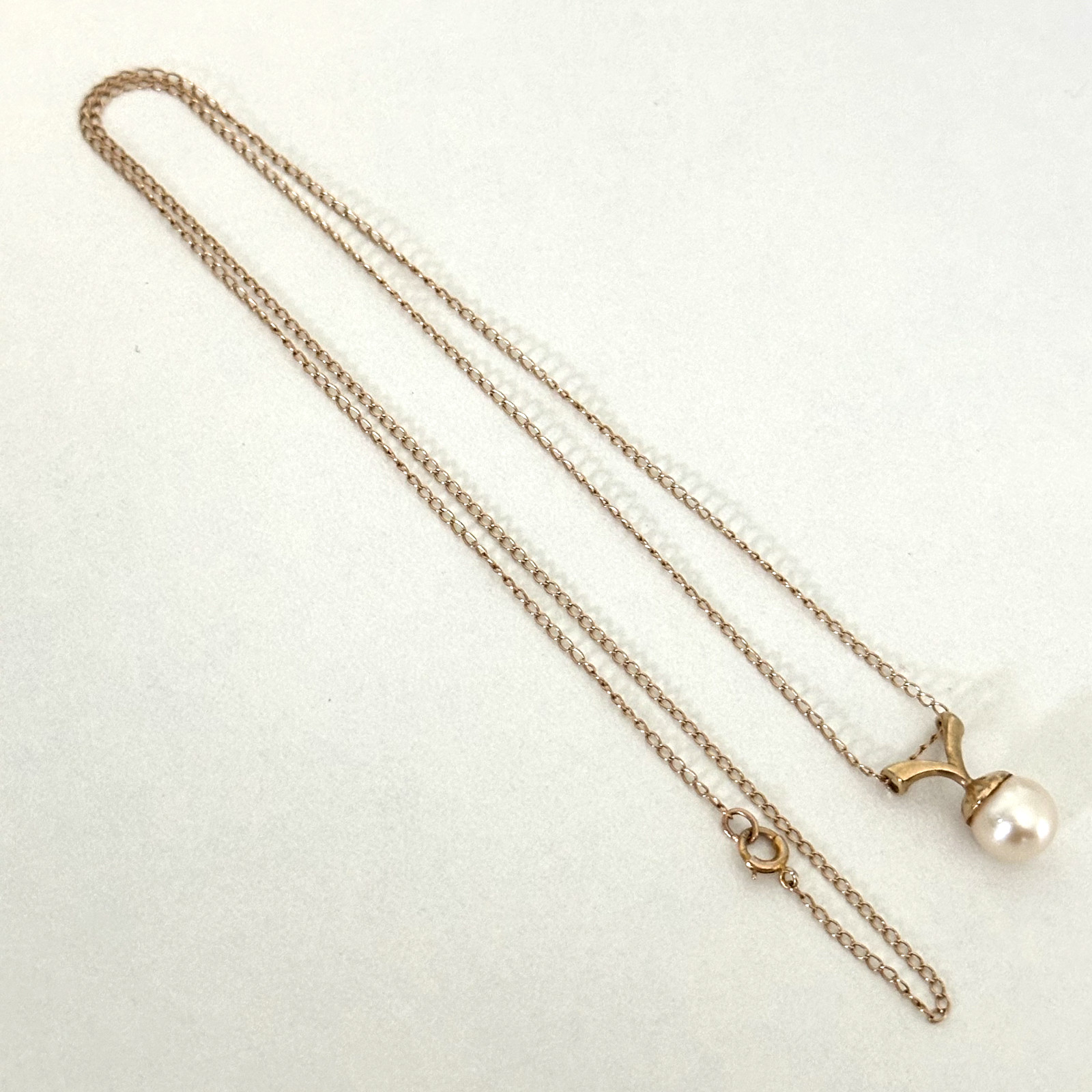 14K Yellow Gold Genuine Cream Pearl Small Pendant Chain Necklace 17″