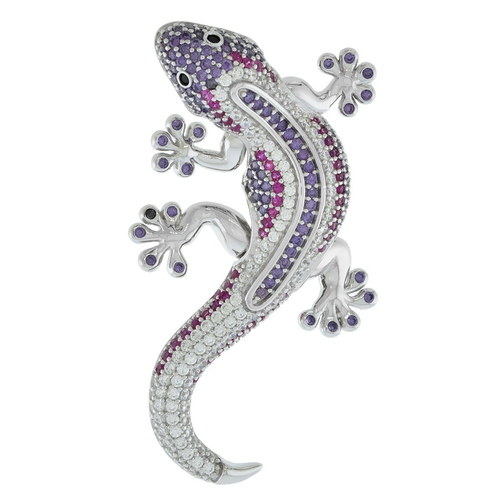 925 Sterling Silver Violet and Red CZ Gecko Pendant 1 1/2 Inch (38mm) Tall