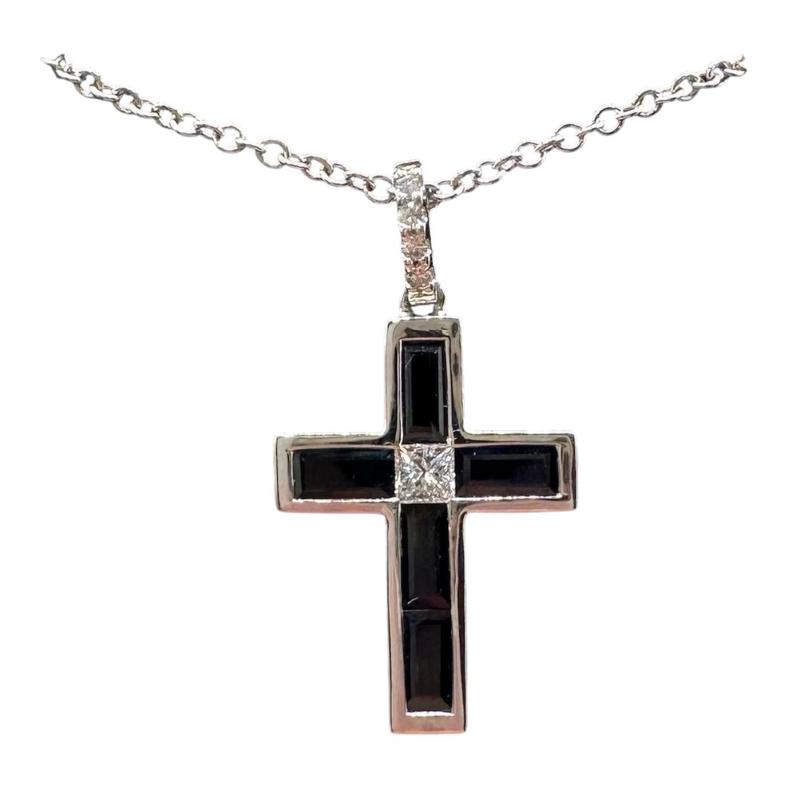 Effy 14K White Gold Sapphire Diamond Cross Necklace 0.78ct 18in