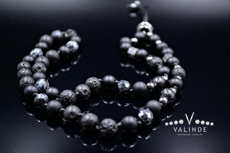 Mens Skull Necklace Cubic Zirconia Obsidian Lava Onyx Hematite Necklace – 70cm