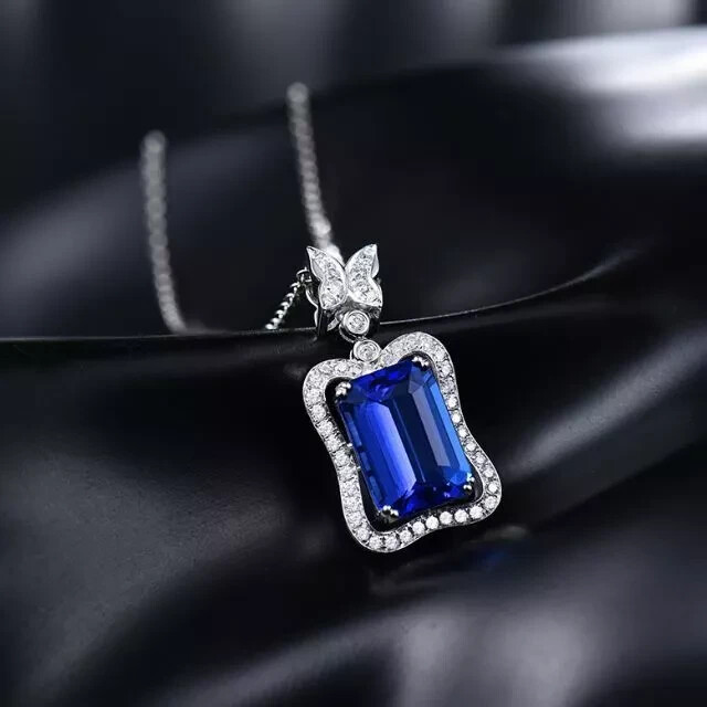 3Ct Emerald Blue Sapphire Solitaire Halo Pendant Free Chain 14K White Gold FN