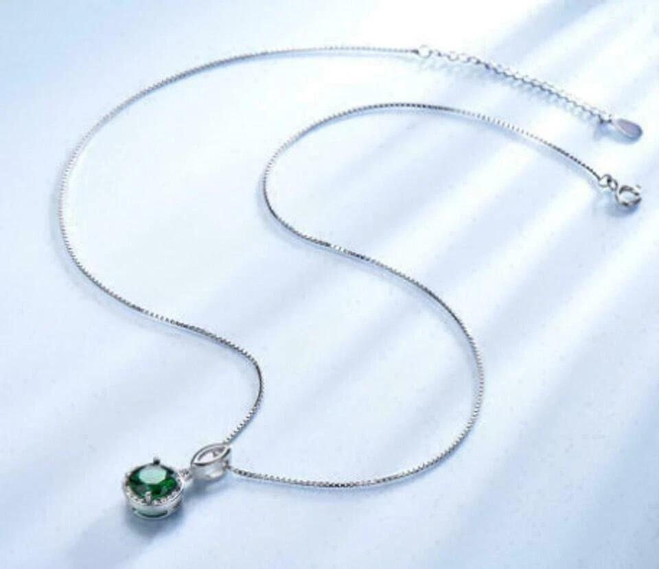 2Ct Round Cut Green Emerald Diamond Halo Pendant 14K White Gold Over Free Chain