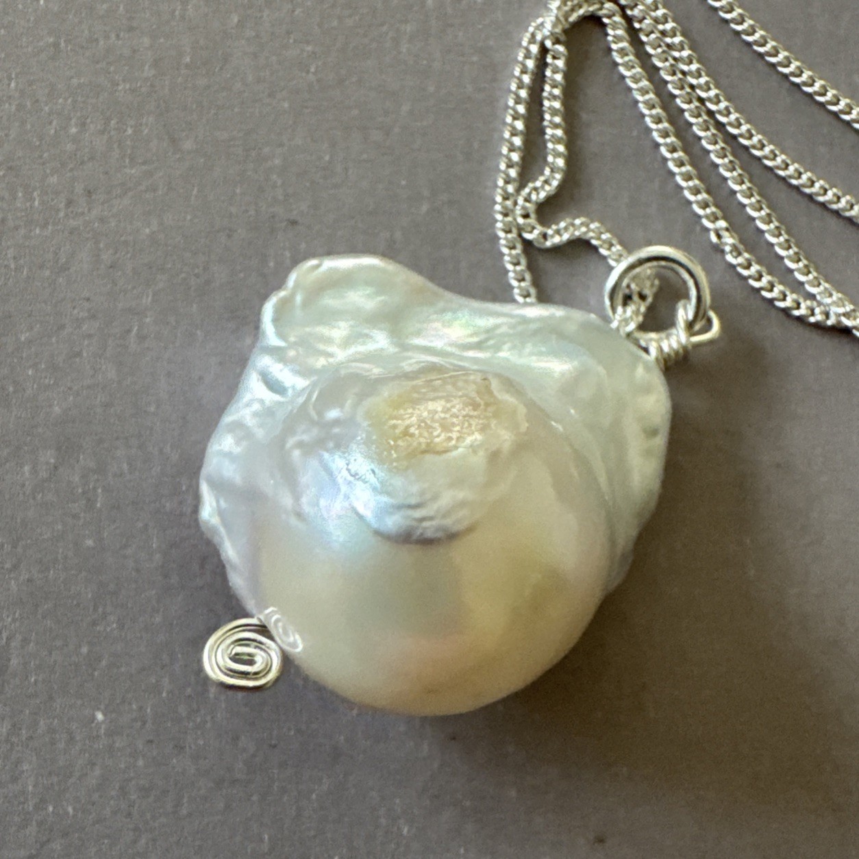 Sterling Silver 925 21mm Freshwater Pearl Pendant Italy 18” Curb Chain Necklace