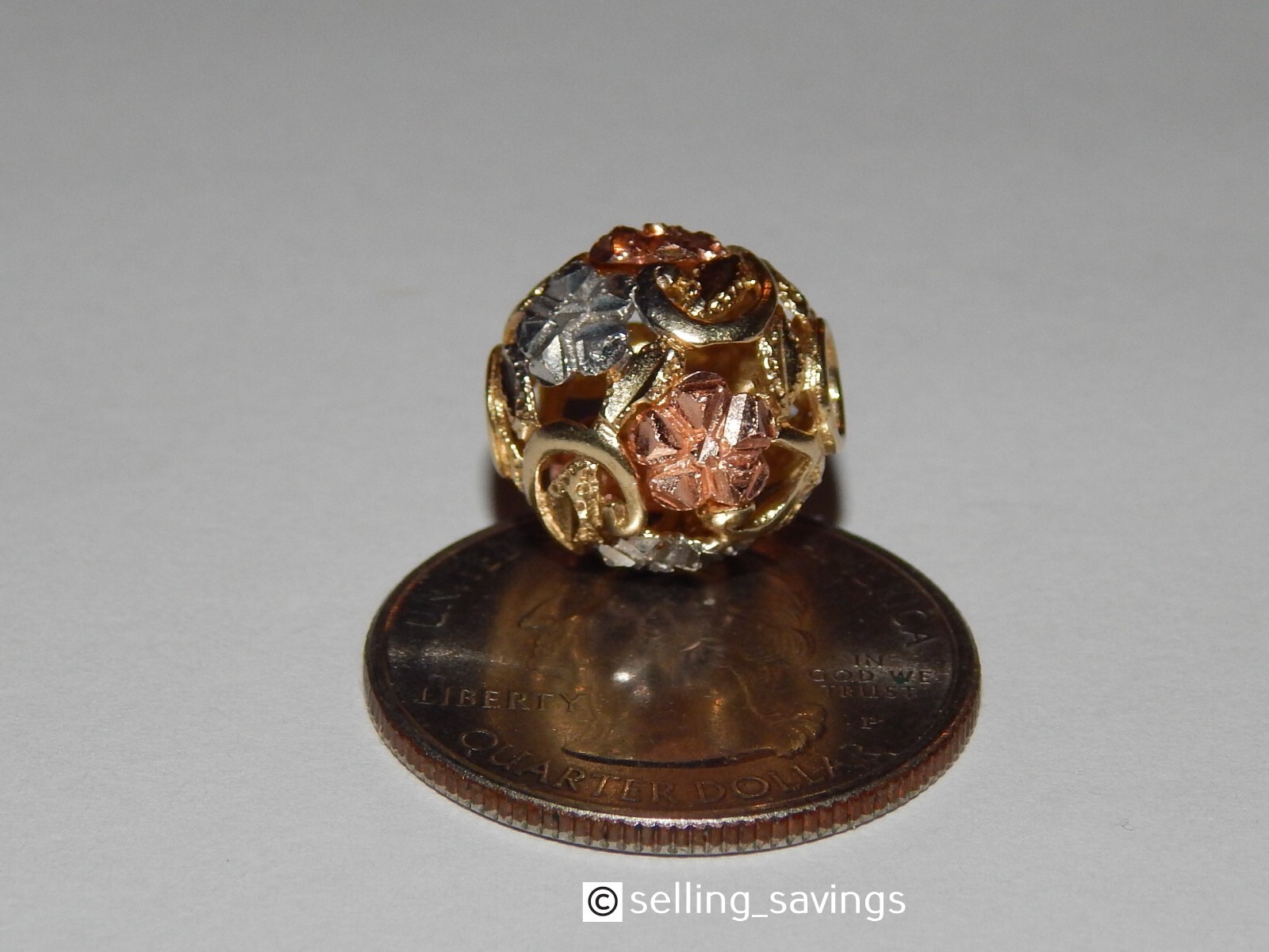 10K YELLOW WHITE ROSE GOLD DIAMOND CUT 1/2 INCH DIAMETER BEAD BALL PENDANT