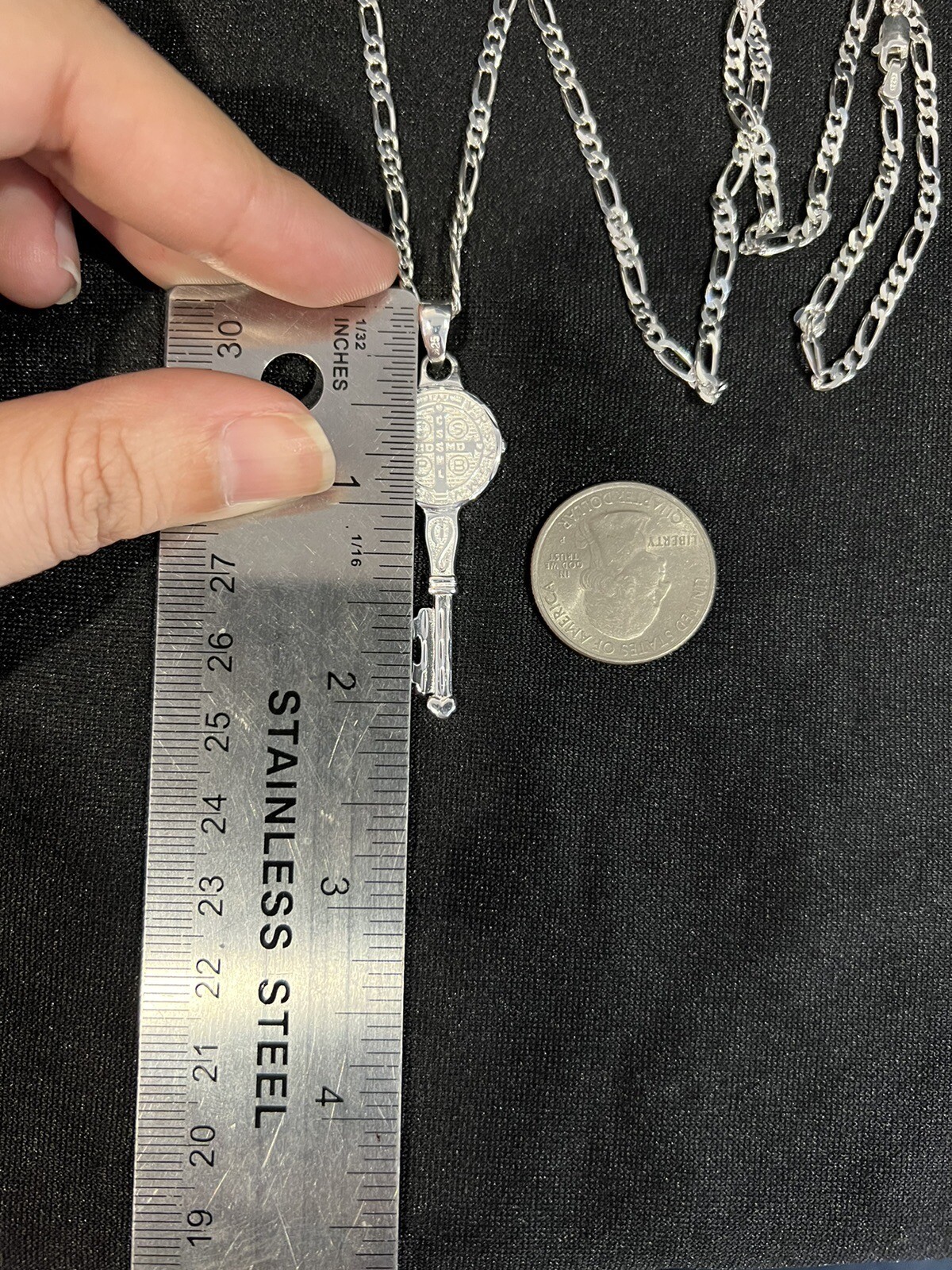 925 Sterling Silver Men St Benedict Key San Benito Llave & Figaro Chain 20 24 30