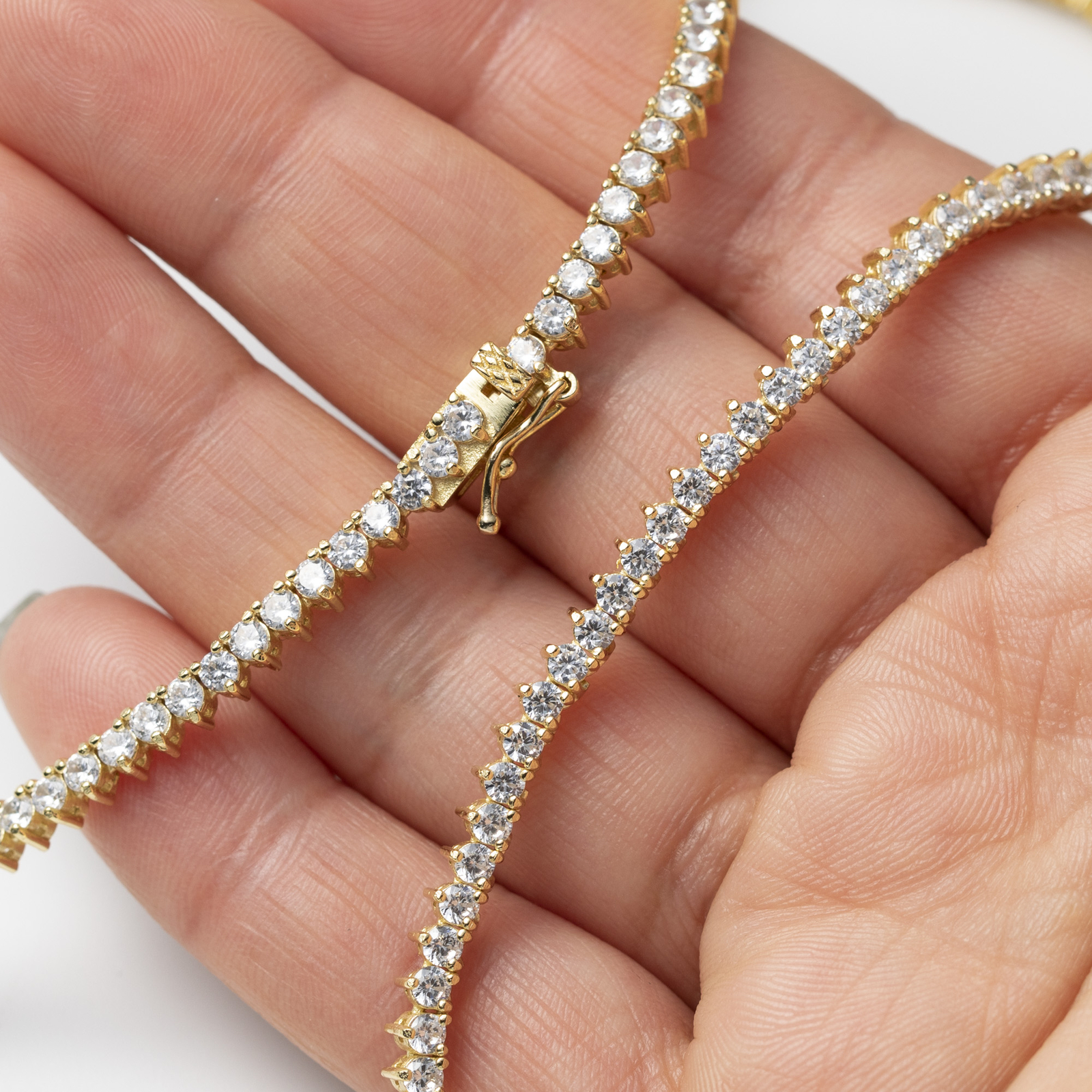 3.5mm 3 Prong Tennis Chain Necklace 14K Yellow Gold-Plated Silver