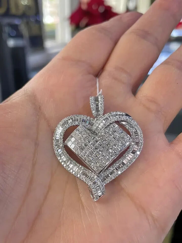 3Ct Round Cut Real Moissanite Heart Pendant 14K White Gold Plated Free Chain