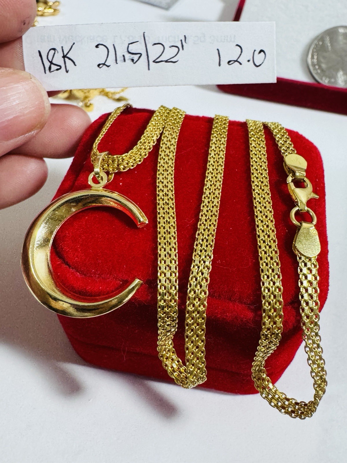 18K 750 Fine Genuine Gold Half Moon/Letter C Necklace 21.6/22” Long 12g 3.8mm