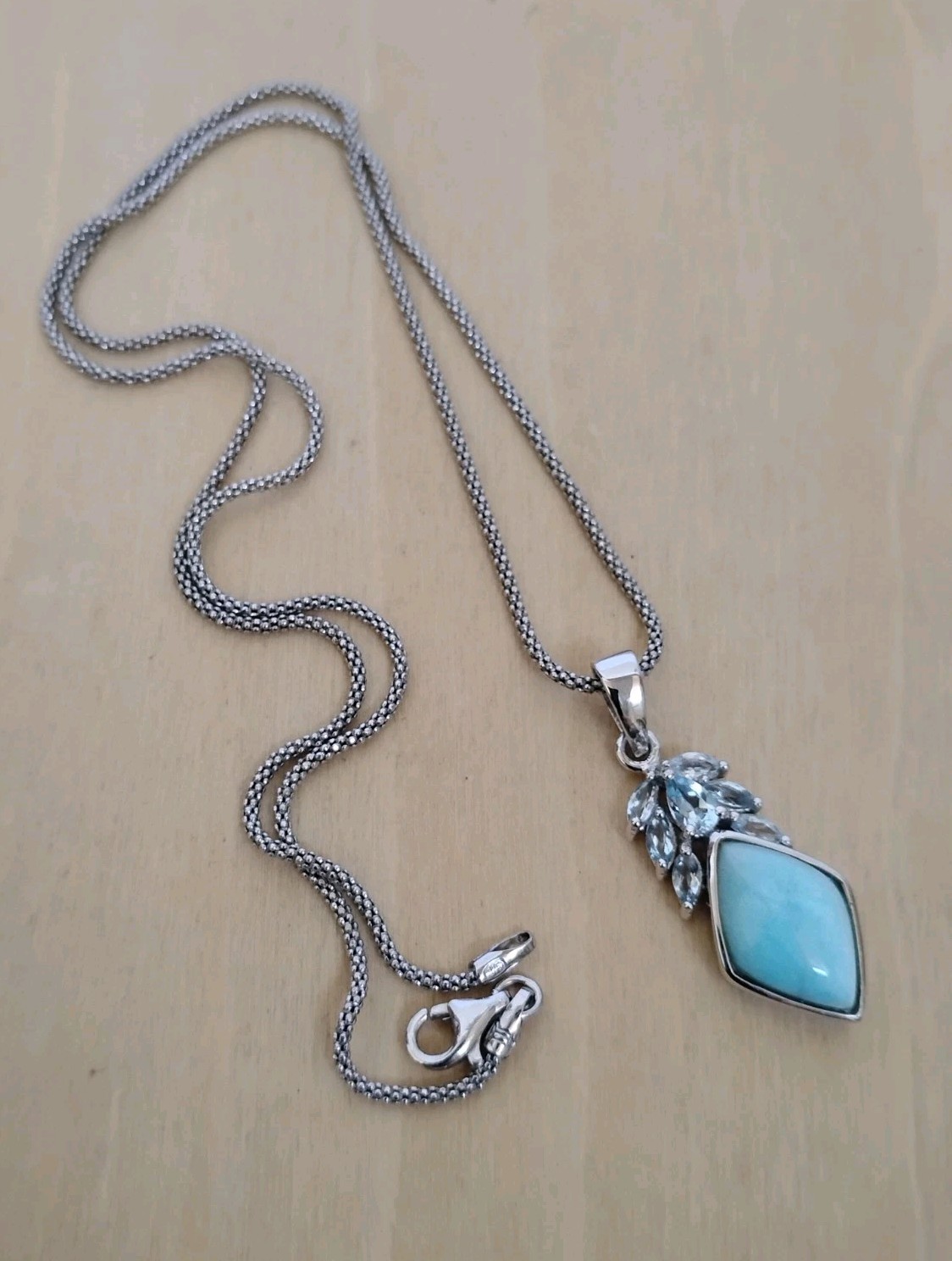 CFJ Thailand Larimar Blue Topaz Pendant Necklace Rhodium Plated Sterling Silver