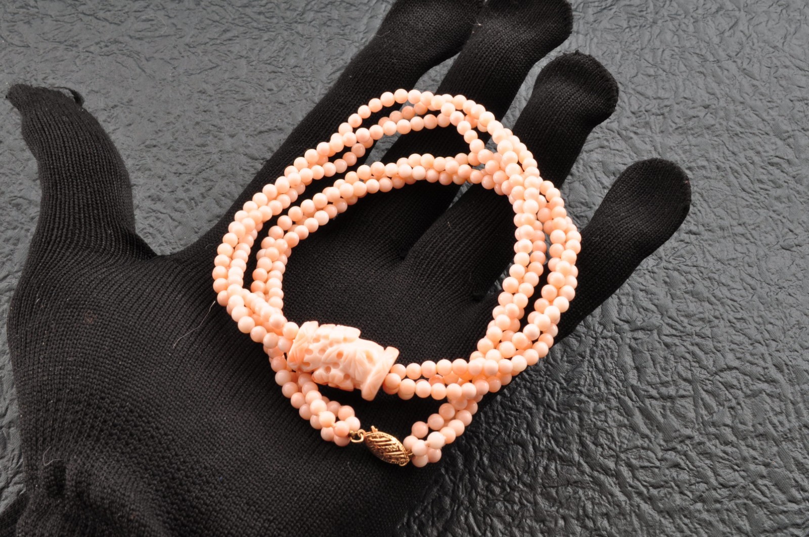 14k gold clasp pink coral necklace carved “cherry blossoms” Certification box.