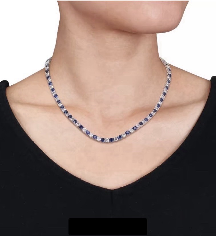 18CT Blue & White Lab Created Diamond Necklace 14K Gold Plated Sterling 19,5”