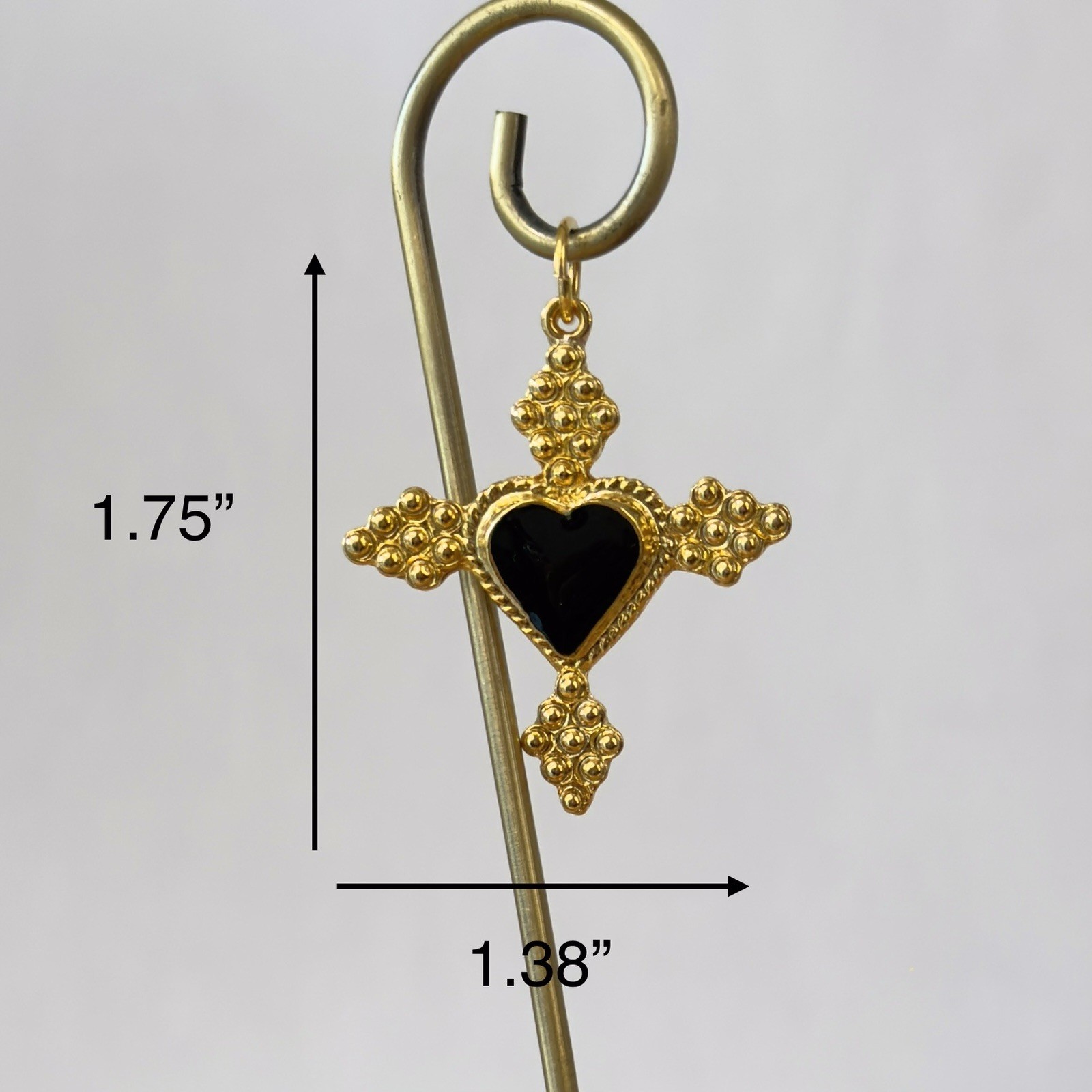 Gold-tone Sacred Heart Cross Pendant, Milagro / Ex-voto La Croix Charm with Onyx