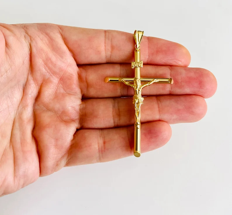 14K Real Gold Crucifix Cross 2.6″ Pendant, 14k Gold Jesus Christ Cross- PT836