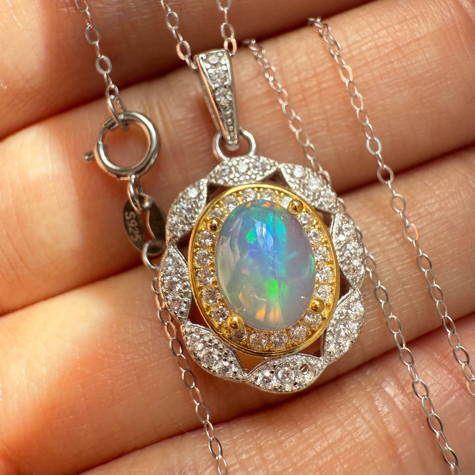 925 Sterling Silver Necklace 8x6mm Natural Opal Handmade Flower Birthstone