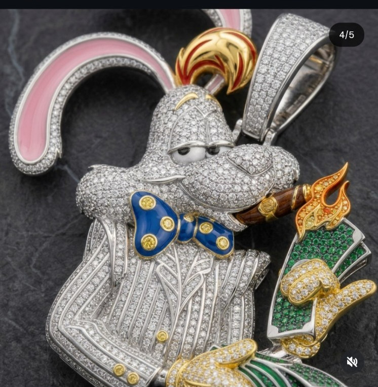 4Ct Round Moissanite Roger Rabbit Money Bag Cartoon Pendant 925 Sterling Silver