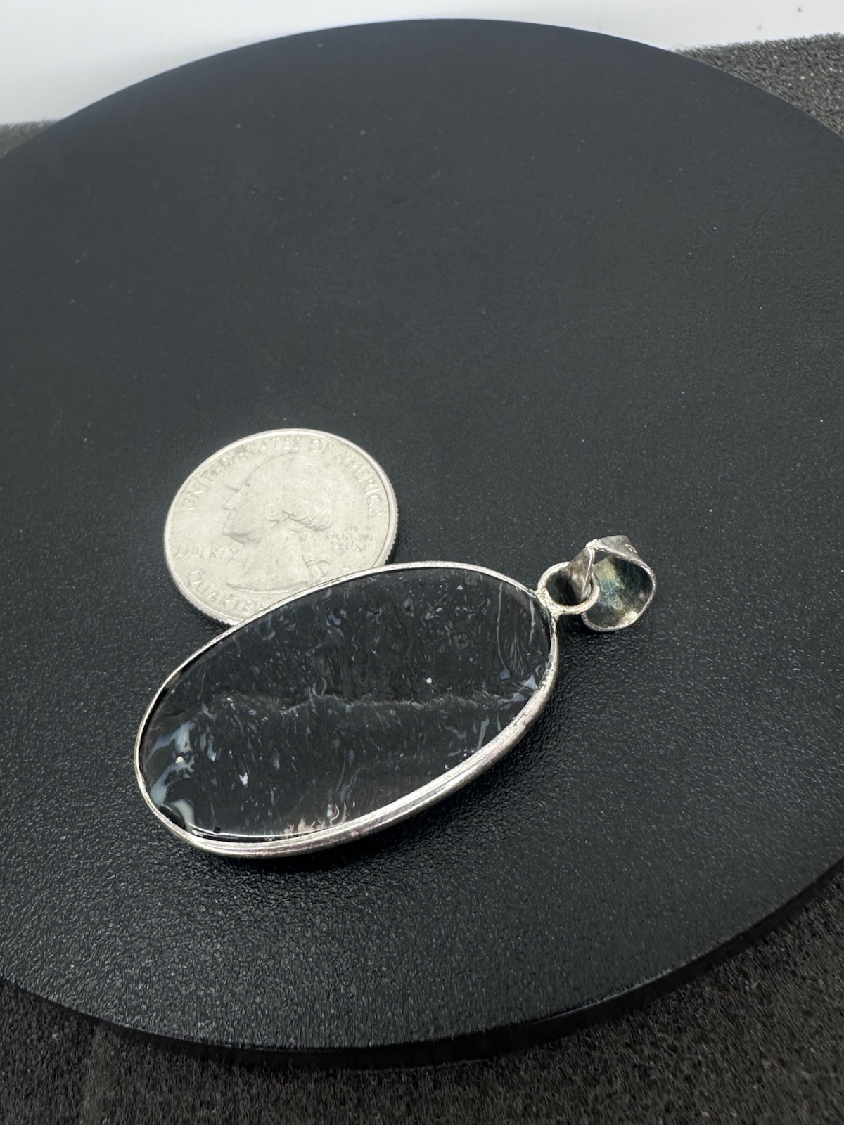 Sterling Silver Unknown Black Stone? Pendant Nice Large Flat Pendant