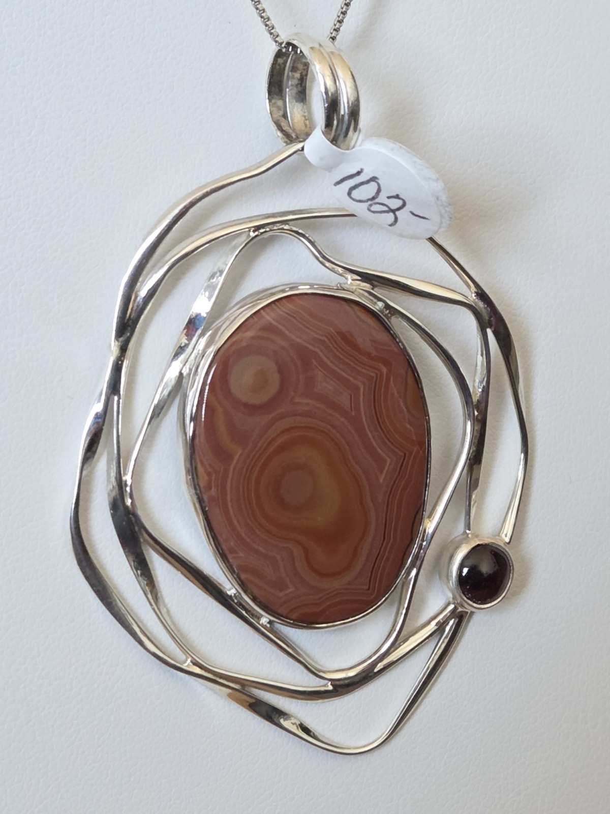 Contemporary Modern Abstract Sterling Silver Pendant Agate & Garnet #008JN26