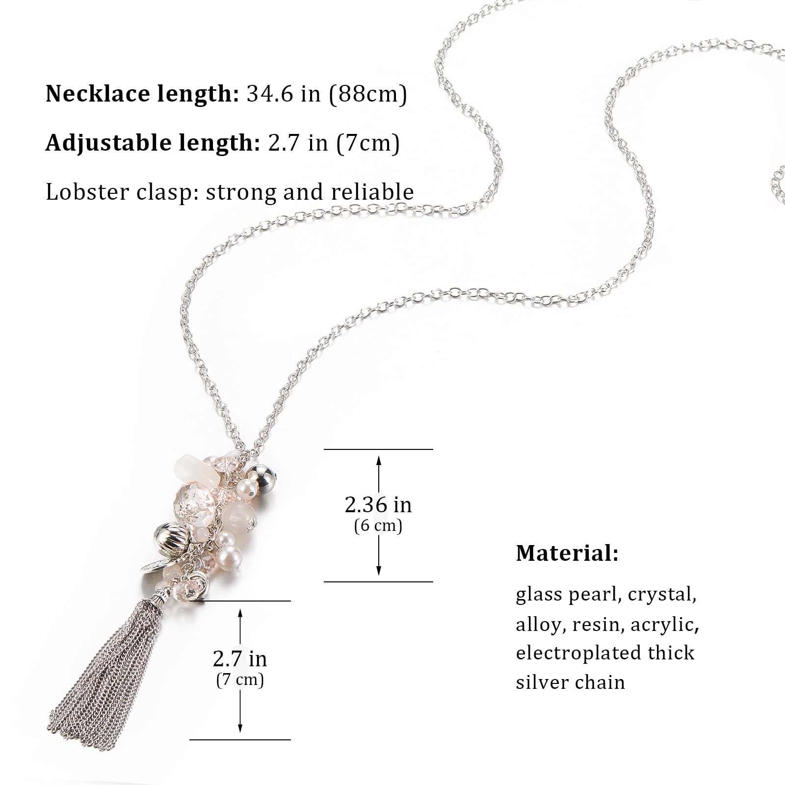 Silver Long Tassel Necklaces for Women Boho Chain Necklace with Tassel Beaded Pe