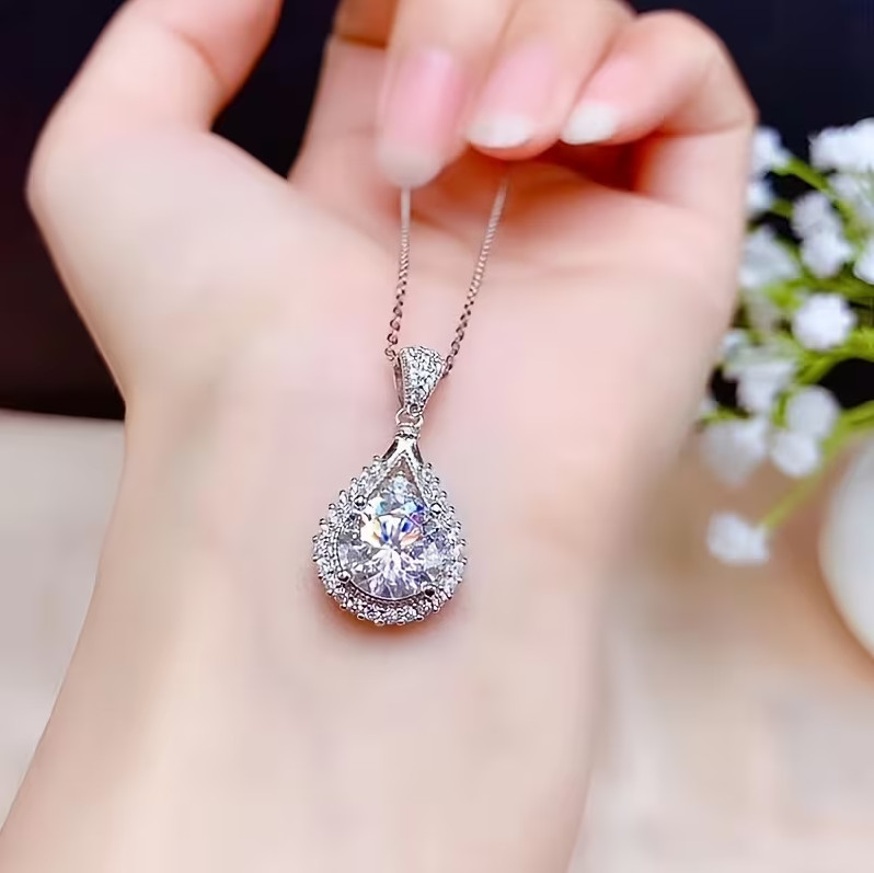 Sparkling White Moissanite Wedding Halo Pendant 14k White Gold 2.50 CT Round Cut